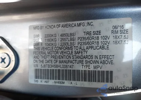 2017 Acura Rdx Technology Acurawatch Plus Packages/W/Technology Package из США, поврежденный, VIN 5J8TB3H58HL006147